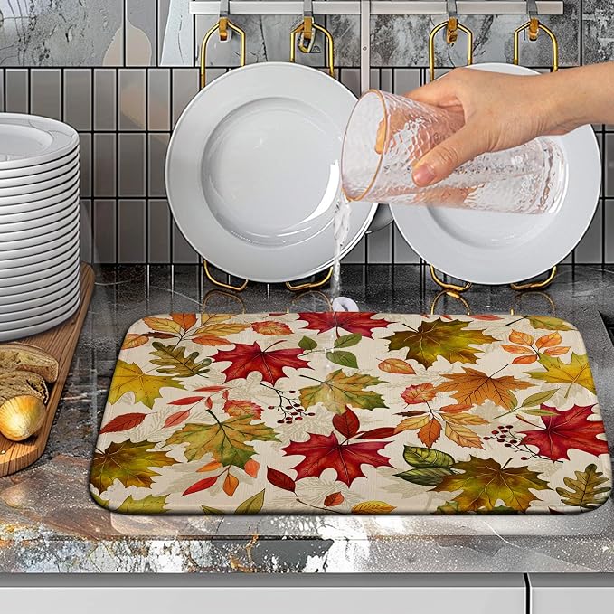 Fall Drying Mat for Kitchen Counter 16 x 18 Inch Maple Leaves Autumn Thanksgiving Harvest Dish Drying Mats Absorbent Microfiber Dish Draining Washable Reversible Dishes Pad