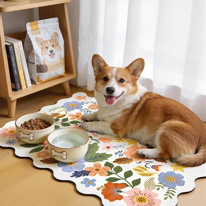 LOKHOM Scalloped Floral Dish Drying Mat, 18"x24" Super Absorbent Coffee Mat with Unique Spring Wildflowers, Cuttable Hide Stain Non-slip Drying Mat for Kitchen Counter Coffee Maker Espresso Machine