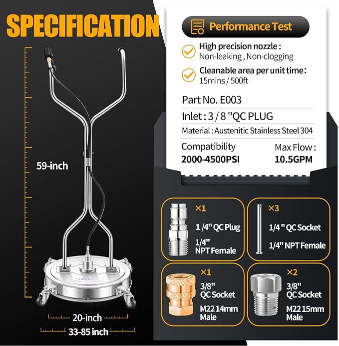 LidoDola 20'' Pressure Washer Surface Cleaner, Power Washer Accessory | Stainless Steel Body, Dual Handles, 4 Replacement Nozzles, Ideal for driveways, decks & patios—clean effortlessly
