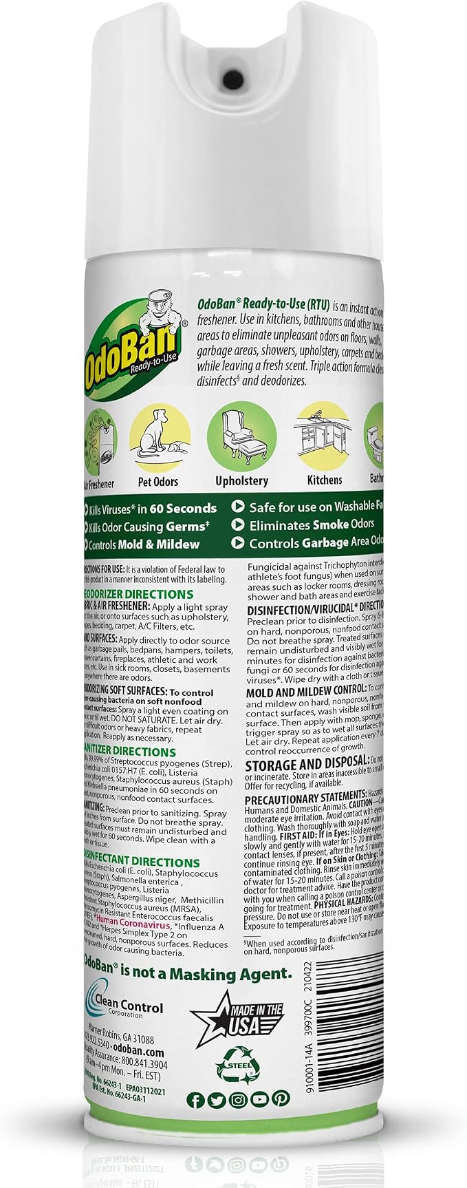 OdoBan Ready-to-Use 360-Degree Continuous Spray Disinfectant and Harsh Aroma Eliminator, Fabric and Air Freshener, 6 Pack, 14.6 Ounces Each, Original Eucalyptus Scent Clear