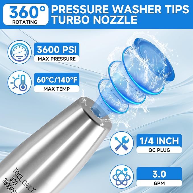 Tool Daily Turbo Nozzle Pressure Washer Stainless Steel, 360° Rotating | Pressure Washer Nozzle for Cleaning Brick, Concrete, and Wooden Surfaces, 1/4" Quick Connect, 3600 PSI, 3.0 GPM