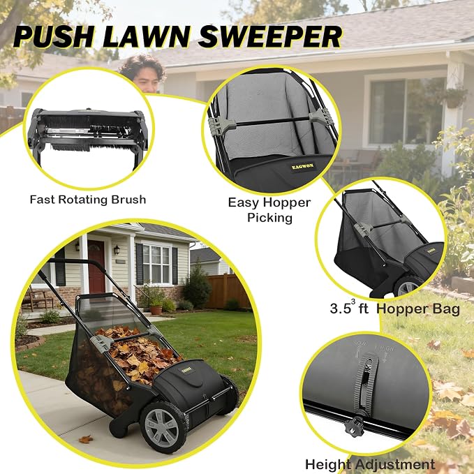 Push Lawn Sweeper, 21-Inch Width, 3.5 Cu. Ft. Hopper Capacity, 4 Spinning Brushes, Adjustable Height, Durable Steel Frame with Rubber Wheels, Black