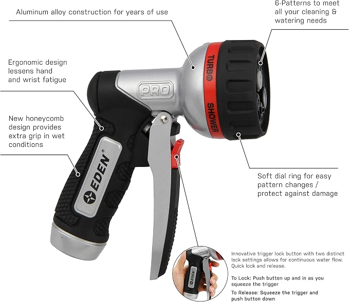 Eden PRO 94833 Metal Front Trigger 6-Pattern Turbo Nozzle | Heavy-Duty Hose Sprayer for Garden, Lawn, Plants, Outdoor Cleaning, Durable Aluminum Core, Quick Connect Set Bundle