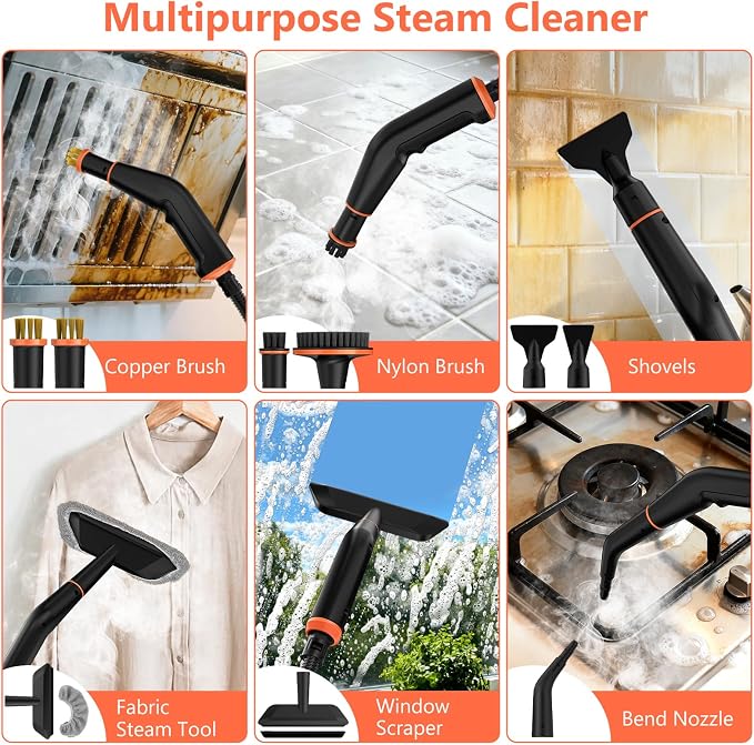 Steam Cleaner, Portable Steamer for Cleaning with 16pcs Accessories, 6-Level Adjustable and 15s Heat-Up, Handheld Steam Cleaner for Home, Tile, Dirt, Grout, Grease, Car Detailing
