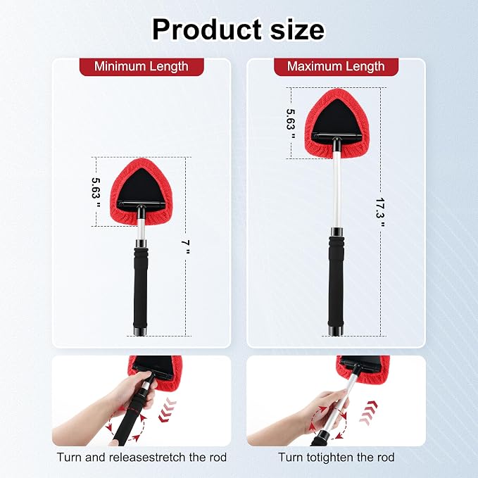 JUSTTOP Windshield Cleaner Tool, Car Interior and Exterior Window Cleaning Kit with Extendable Handle & 4 Reusable Microfiber Pads, Auto Glass Wiper Brush Kit for Car & Home Windows (Red)