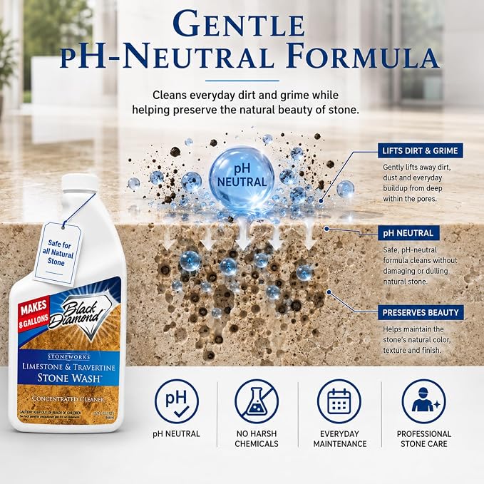 Black Diamond Stoneworks Limestone & Travertine Stone Wash Concentrate – pH Neutral Cleaner for All Sealed & Unsealed Natural Stone Floors Including Marble, Slate, Granite & More. (1 Quart)