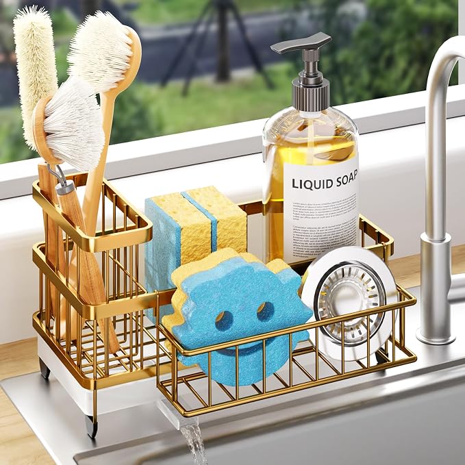 Consumest Sponge Holder for Kitchen Sink - Auto Draining Sink Caddy Organizer with Detachable Rack, High Brush Holder, Kitchen Countertop Storage Accessories, Gold