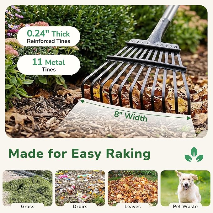 GreatBuddy Leaf Rake and Leaf Bags Combo, Adjustable Metal Garden Rake 29''-72'' 11 Tines, 2 Pack 53 Gallon Reusable Yard Waste Bags, Heavy Duty Lawn Rake with Dustpan Leaf Collector for Yard Cleanup