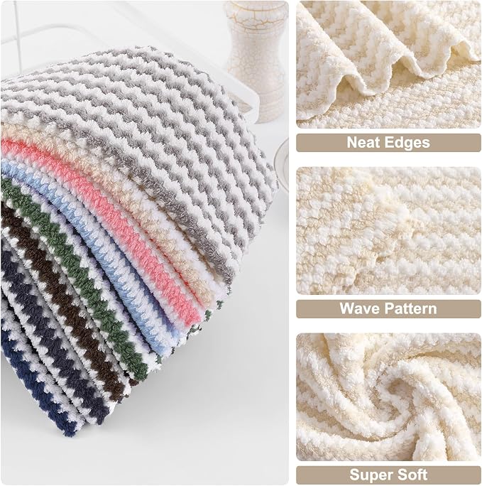 Homaxy Kitchen Towels(12 Pack, 10 x 20 inches), Ultra Soft and Absorbent Dish Towels, Reusable Fast Drying Microfiber Cleaning Cloth, Coral Velvet Wave Design No-lint, Beige
