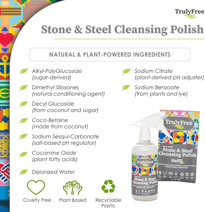 Truly Free Stone & Steel Cleansing Polish Starter Kit - Quartz, Marble, Granite, Stone Countertop, Oven, Stainless Steel Cleaner - 12oz Empty Bottle, 1 Concentrated Fill (3oz)-No Harmful Ingredients