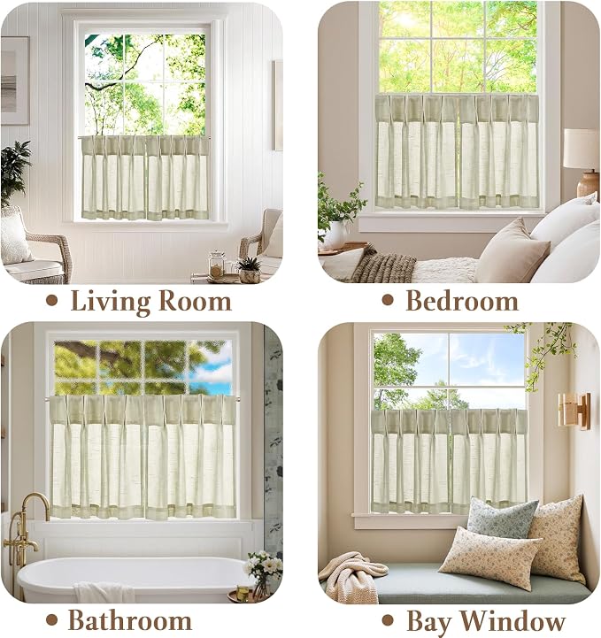 jinchan Linen Pinch Pleated Back Tab Tier Curtains, 26x24, 2 Panels, Beige | Light filtering,small window treatment,cafe curtains,machine washable,farmhouse,kitchen,bathrooms,laundry