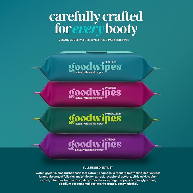goodwipes Flushable Wipes - Shea-Coco Wet Wipes for Adults, Sewer & Septic Safe, Guest Bathroom Essentials for Women & Men, pH Balanced & Extra Large, 153 Count (3 Packs and 3 Singles)