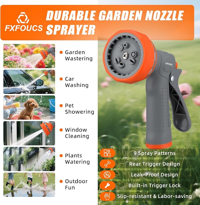 Garden Hose Nozzle Sprayer - 9 Spray Patterns, On Off Valve Heavy Duty Hose Sprayer Nozzle for Watering Plants & Lawns, Washing Cars & Pets - Outdoor Water Hose Nozzle Head Attachment