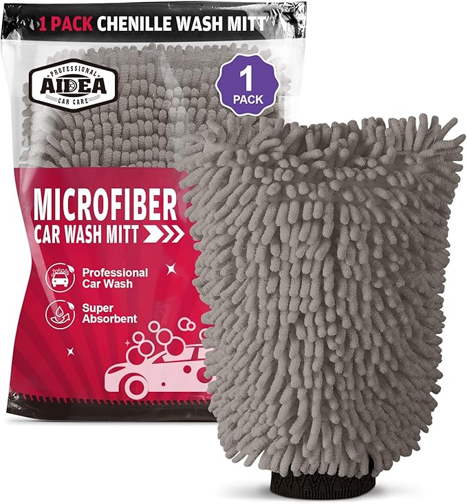 AIDEA Car Wash Mitt Microfiber, 1PK, Car Wash Brush, Grey, 7.12''X10.14'' | Scratch Free Lint Free Premium Chenille Microfiber Mitt, Cleaning Supplies, Regular Size