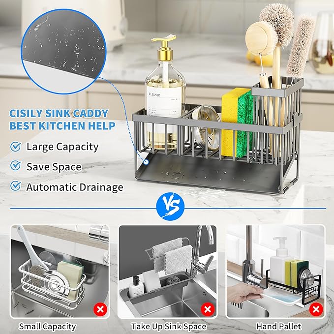 Cisily Sink Caddy Organzier with High Brush Holder, Sponge Holder for Sink, 304 Rustproof Stainless, Kitchen Countertop Soap Dispenser Organizer, Dark Gray Kitchen Decor and Accessories