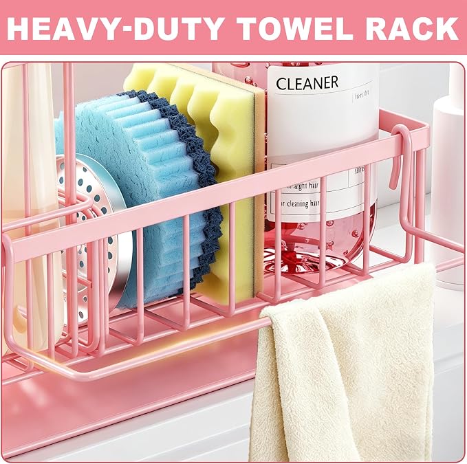 Sponge Holder for Kitchen Sink, Kitchen Sink Caddy, Kitchen Sink Sponge Holder, Dish Sponge Holder, Kitchen Sink Organizer for Sponge, Dish Brush, Scrubber(9.65" x 3.74" x 6.3", Pink)