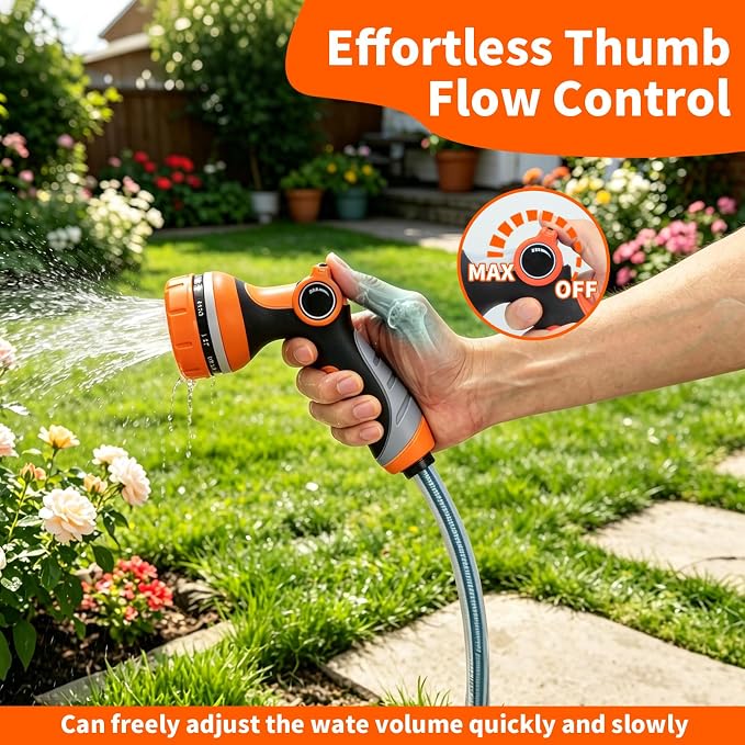 Garden Hose Nozzle with Adjustable 10 Spray Patterns Thumb Control | Ergonomic Hose Sprayer Nozzle, High Pressure Hose Nozzles for Lawn & Plant Watering,Washing Cars & Pet Bathing,Leak-Proof