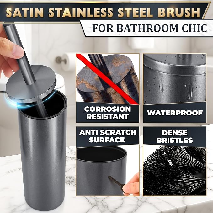 Graphite Metallic Stainless Steel Toilet Brush and Holder Set | Toilet Bowl Brush and Holder with Splash Cover, Sturdy Bristles, Corrosion & Scratch Resistant, Elegant Design