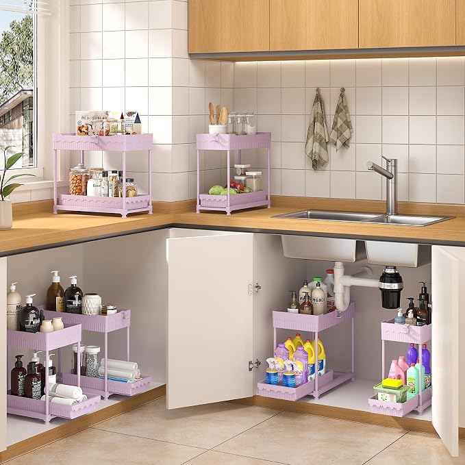 Sevenblue 4-Pack 2-Tier Under Sink Organizer with Pull Out Drawers | Multi-use kitchen & bathroom storage. Includes hanging hooks and cups. Pink, space-saving cabinet design. 14.8 Inch
