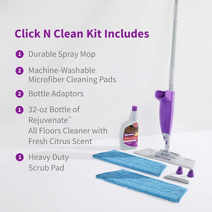 Rejuvenate Click N Clean Multi-Surface Spray Mop, All-in-One Kit, 1 Count | Includes Mop, 2 Microfiber Pads, 2 Adapters, Scrub Pad & 32 Oz Cleaner, Use on Sealed Hardwood, Laminate, Vinyl & Tile Floors