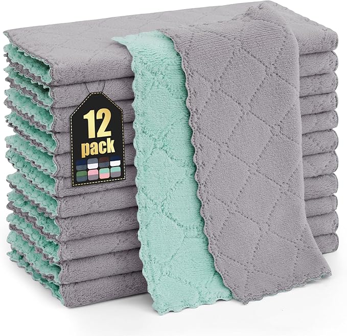 Homaxy 12 Pack Kitchen Cloths Dish Towels (10" x 10", Grey & Green), Super Soft and Absorbent Dish Cloths, Coral Velvet Microfiber Cleaning Cloth, Nonstick Oil Fast Dry Dishcloths