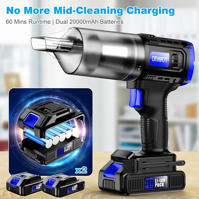 Car Vacuum Cordless, 35000PA Strong Suction Handheld Vacuum with 2 Detachable Batteries, 60Min Runtime Portable Vacuum Cleaner for Car Detailing, Pet Hair, Home Couch & Office, 350ML XL Dust Cup