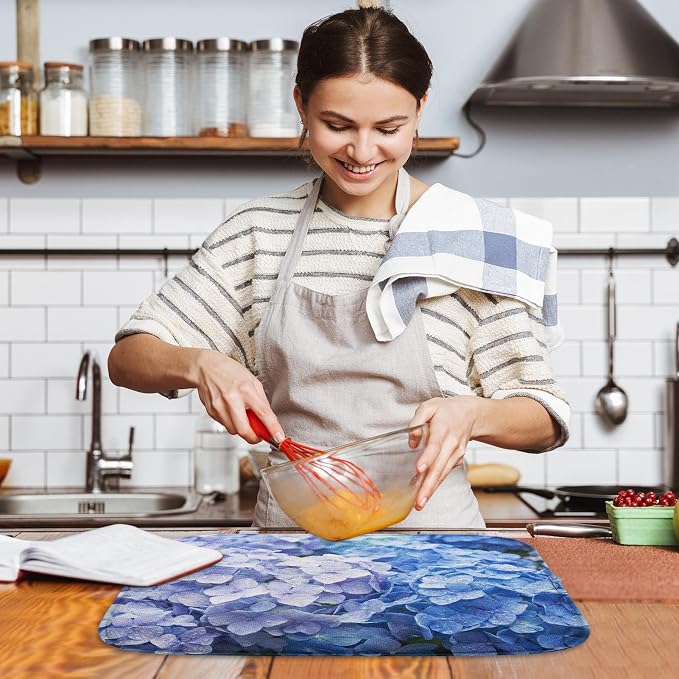 Sanwarm Absorbent Dish Drying Mat, Blue Purple Hydrangea Flower Microfiber Pad for Kitchen Counter, Coffee Bar Decor, Heat Resistant and Reversible, 16" x 18"