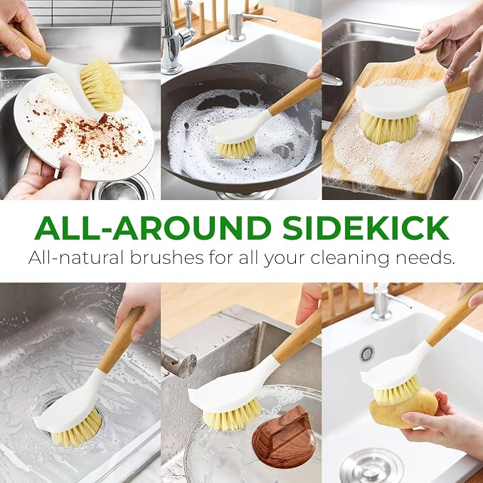 AIRNEX Wooden Dish Brush Set of 2 - Dish Brush with Handle Made of Wood & Sisal Bristles, Non Scratch Kitchen Scrub Brush for Dishes, Pots & Pans, Dish Scrubber with Plastic Free Bristles