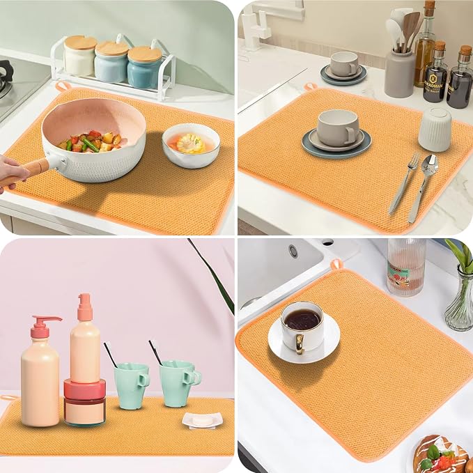 GeeRic Microfiber Dish Drying Mat, Super Absorbent Kitchen Dish Drying Pad, Reversible Gift Mats for Countertop, 12 * 16 inch Yellow