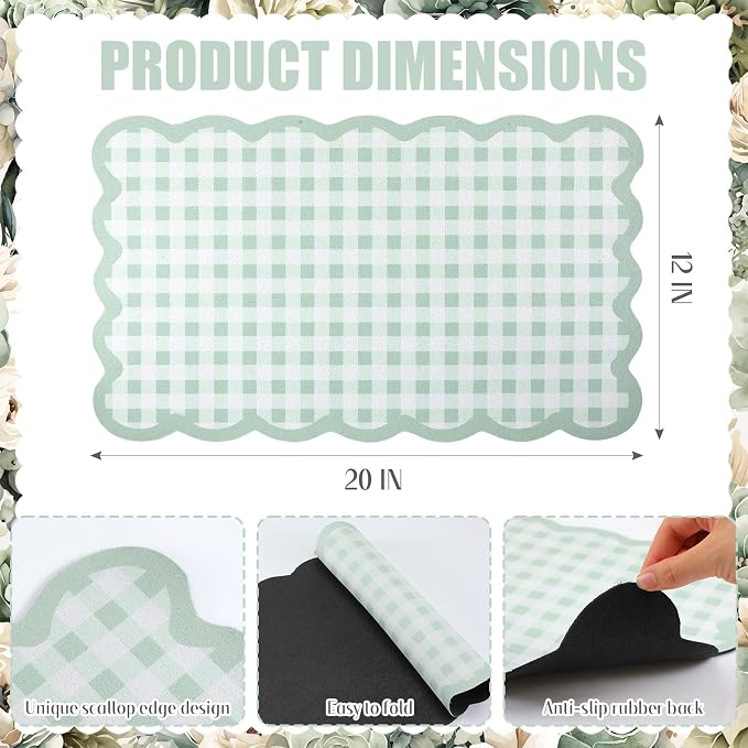 Scalloped Gingham Coffee Mat 12" x 20" Absorbent Coffee Bar Mat Gingham Espresso Matt for Counter(Green)