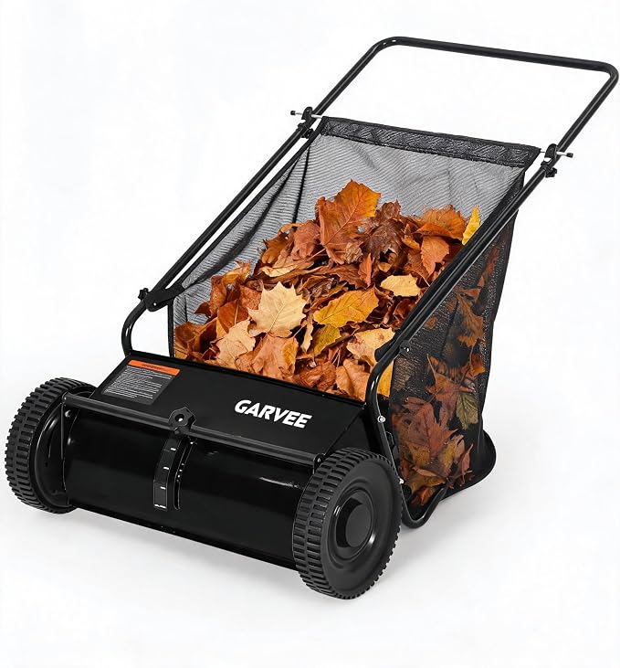Garvee Push Lawn Sweeper, 26" Leaf & Grass Collector with 7Cu.ft Hopper Bag | Heavy Duty Yard Sweeper with Clear Dust Cover & Large Collection Bag for Leaves, Grass Clippings, for Lawn Yard Cleanup