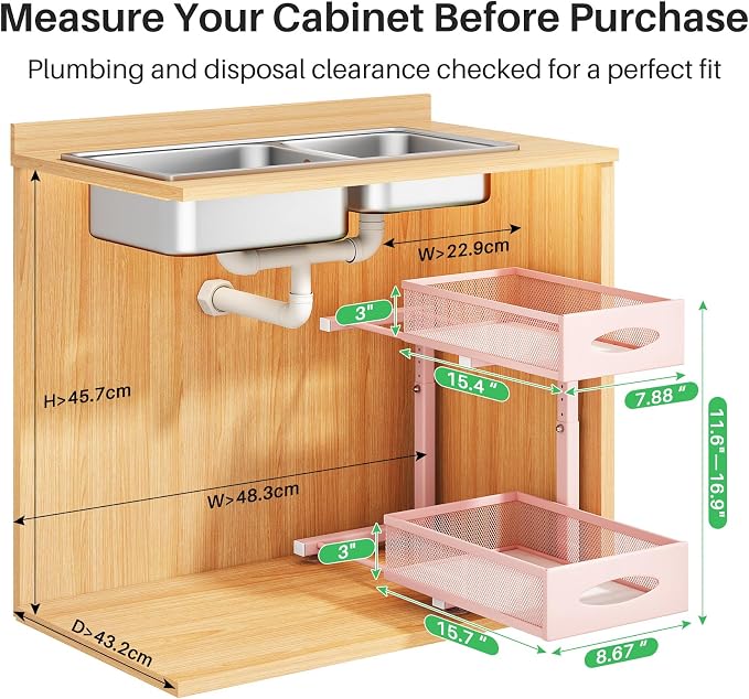 Under Sink Organizer, 2 Tier Pull out Cabinet Organizer Baskets with Mesh Sliding Drawers, Slide out Storage Shelf for Home, Kitchen, Bathroom, Pantry, Office Cabinet(1 Pack, Pink)