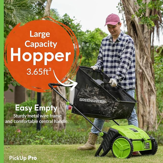 GreenSweep Pickup Pro V26 with AntiLock Drive – Push Lawn Sweeper for Leaves, Grass Clippings & Garden Debris – Large Capacity Hopper