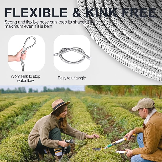 SPECILITE 25ft 304 Stainless Steel Metal Garden Hose with Nozzle | Puncture Resistant, Flexible, Never Kink & Tangle, Heavy Duty Water Pipe for Yard, Outdoor, Lawn