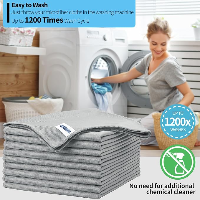 Microfiber Cleaning Cloth - 10 Pack Glasses Cleaning Cloth, 16" x 14" Window Cleaning Rags, Streak Free Lint Free Polishing Cloths Wipes for Eye Glass, Stainless Steel, Windshield, Grey