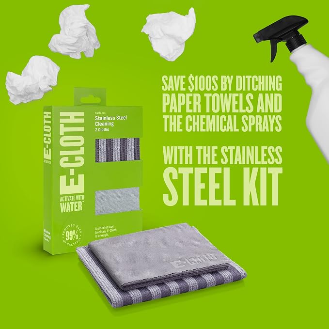 E-Cloth Stainless Steel Microfiber Cleaning Cloth Pack - Glass & Polishing + Stainless Steel Cleaner Cloth for Appliances, Cars & More, Reusable & Washable Microfiber Towels, Cleans with Water