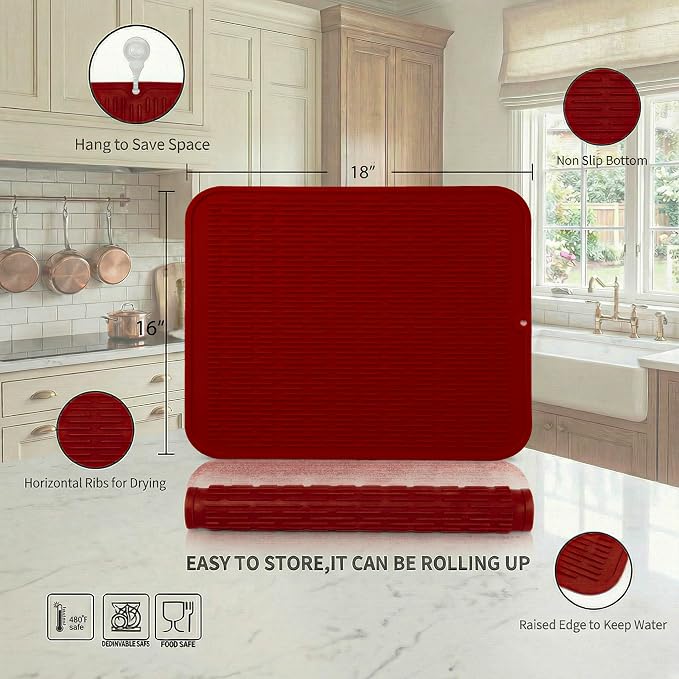MicoYang Silicone Dish Drying Mat for Multiple Usage,Easy clean,Eco-friendly,Heat-resistant Silicone Mat for Kitchen Counter or Sink,Refrigerator or Drawer Liner Red XL 18 inches x 16 inches