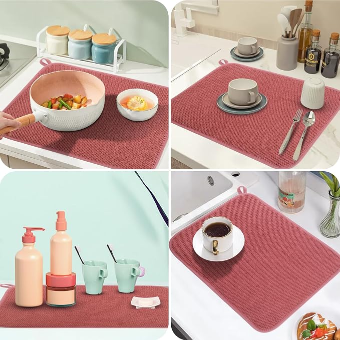 GeeRic Microfiber Dish Drying Mat, Super Absorbent Kitchen Dish Drying Pad, Reversible for Countertop, 15*20 inch Red