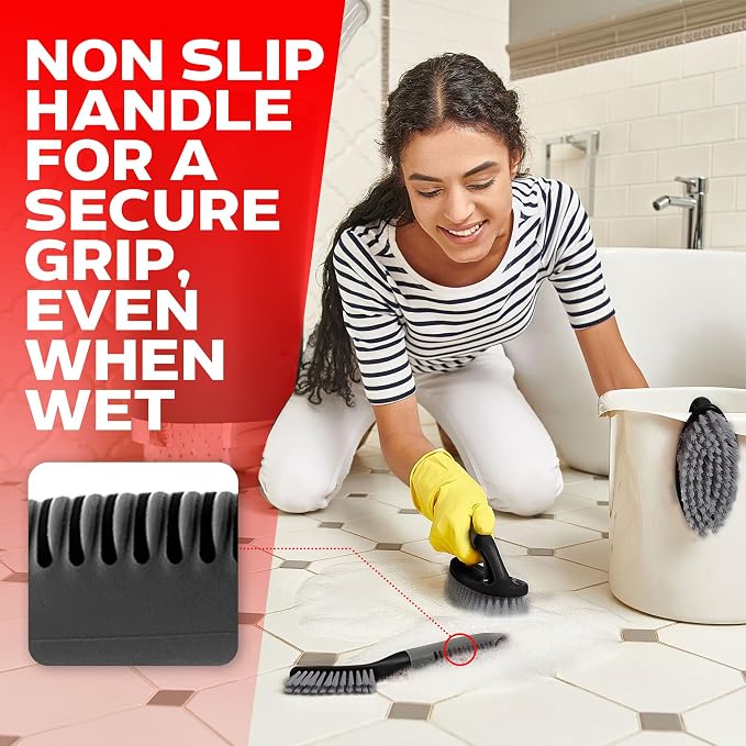 Scrub Brush Set of 6 pcs - Cleaning Shower Scrubbers with Squeegee for Shower Glass and Adhesive Wall Hooks Including Grout Cleaner Brush, Scrub Brushes for Cleaning Bathroom, Shower, Tile, Bathtub