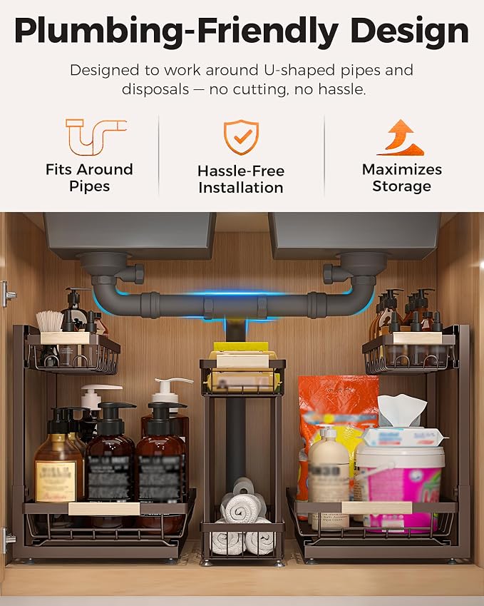 Sevenblue 3 Pack Under Sink Organizer, Height Adjustable 2 Tier Pull-Out Metal Under Kitchen Sink Organizer, Multi-Purpose Storage Shelves for Kitchen Bathroom Cabinet, Brown