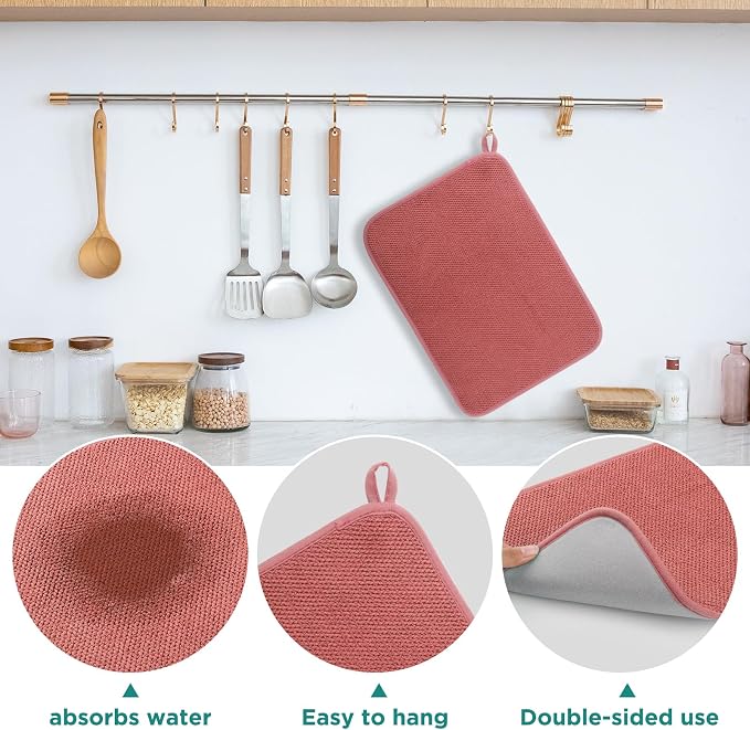 GeeRic Microfiber Dish Drying Mat, Super Absorbent Kitchen Dish Drying Pad, Reversible for Countertop, 15*20 inch Red