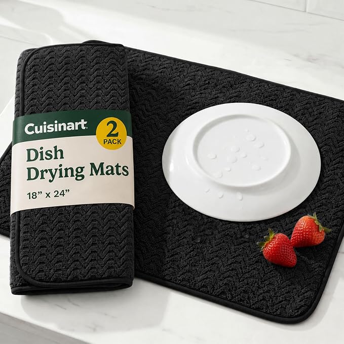 Cuisinart Dish Drying Mat for Kitchen Counter - 2-Pack XL 18x24 Ultra Absorbent Microfiber Dish Mat - Fast Drying, Machine Washable, Foldable Countertop Pad - Safe for Granite & Quartz