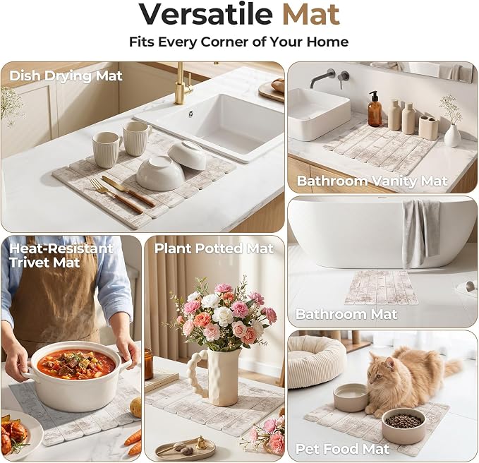Findosom Stone Dish Drying Mat for Kitchen Counter, 15.7" × 11.8" Foldable Non-Slip Stone Drying Mat with Abstract Pattern, Heat Resistant Diatomaceous Earth Mat for Bath, Dishes, Cups, Beige