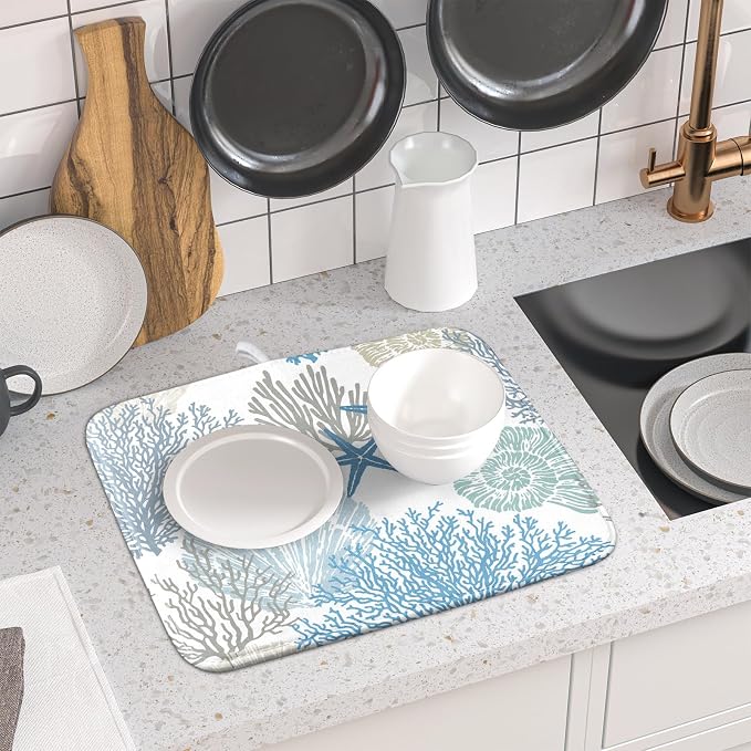 Nautical Dish Drying Mat for Kitchen Counter Coastal Seashell Starfish Summer Microfiber Absorbent Dish Draining Reusable Washable Foldable 16"x18"