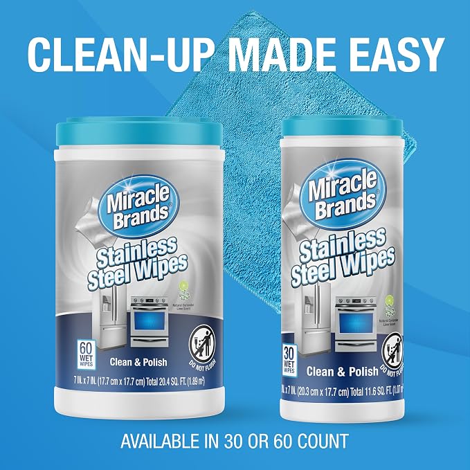MiracleWipes for Stainless Steel, Great for Kitchen and Appliances, Including Oven, Refrigerator, Dishwasher, Microwave, Sink, Hood, Grill, Removes Fingerprints and Smudges - 60 Count (Pack of 2)