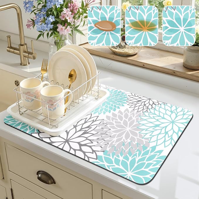 Findosom Dish Drying Mat, 12" x 20" Super Absorbent Dish Mat with Floral, Hide Stain Drying Mat for Kitchen Counter, Under Dish Rack, Coffee Maker, Espresso Machine, Teal
