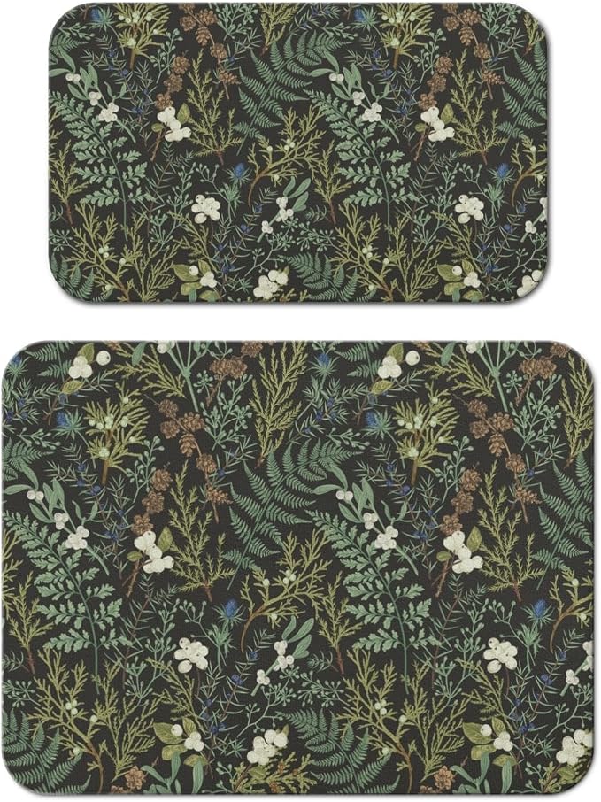 Dish Drying Mat 2-Pack with Botanical for Kitchen Counter Absorbent Dishes | Diatom Mud Mats (18x24, 19.5x12"). Non-slip rubber back for kitchen counter, coffee bar & sink scenes