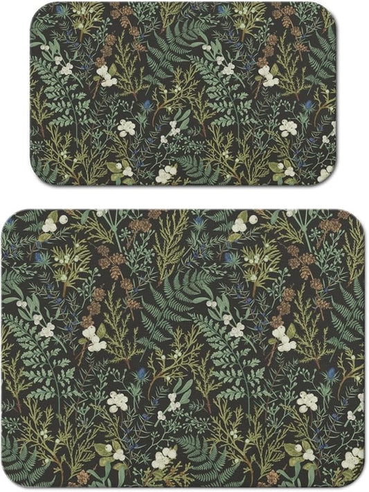 Dish Drying Mat 2-Pack with Botanical for Kitchen Counter Absorbent Dishes | Diatom Mud Mats (18x24, 19.5x12"). Non-slip rubber back for kitchen counter, coffee bar & sink scenes