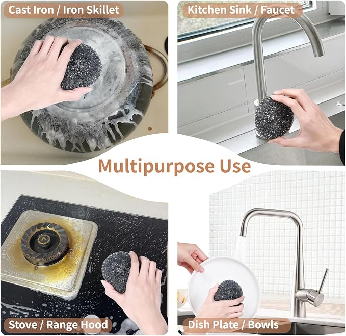 9Pcs Steel Wool Scrubber with Replacement Wire Sponge Pads Set, Stainless Steel Scrubber with Handle for Scouring Messes from Cast Iron, Frying pan, Pots, Pans, Grill, Stoves, Sink(1 Scrubber+8 Pads)