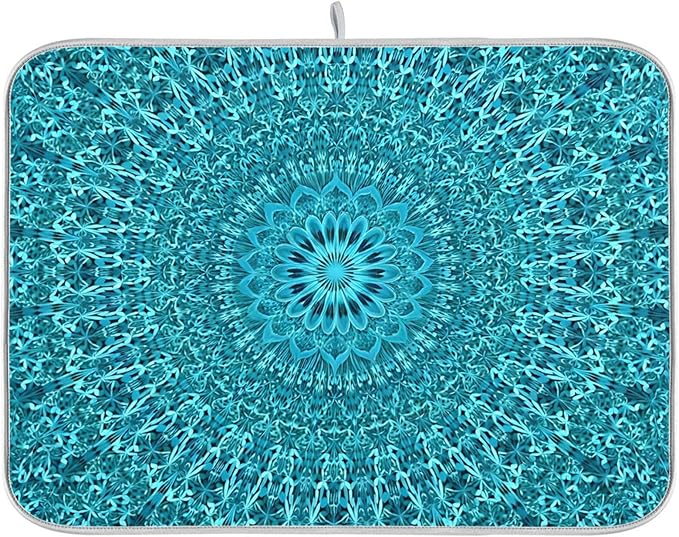Super Absorbent Dish Drying Mat, Microfiber Fast-Drying Dish Mat, 24" x 18", Kitchen Dish Drying Pad, Mandala Turquoise Teal Blue Green